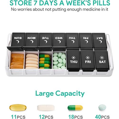 TookMag Weekly Pill Organizer 2 Times a Day, Easy Fill AM PM Pill Box, Large Capacity Quick-Refill 7 Day Pill Cases for PillsVitaminFish OilSupplements Patent Registered Black
