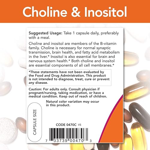 NOW Choline and Inositol 500mg, 100 Capsules Pack of 2