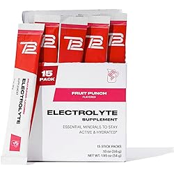 TB12 Electrolyte Supplement Powder for Fast Hydration by Tom Brady - Natural, Easy to Mix Powder. Low Sugar, Low Calorie, Dairy Free, Vegan. Magnesium, Sodium, Potassium, Zinc. Fruit Punch Flavor
