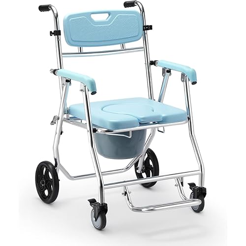 OasisSpace Folding Shower Commode Wheelchair - 300lbs Beside Commode Chair with Padded Seat, Waterproof Rolling Shower Chair with Armrests and Backrest, Shower Chair with Wheels for Small Shower