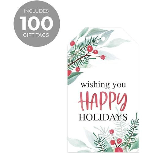 Pine and Berry Holiday Favor Gift Tags 2" x 3.5" Watercolor Christmas Gift Tags 100 Seasonal Wishes Labels