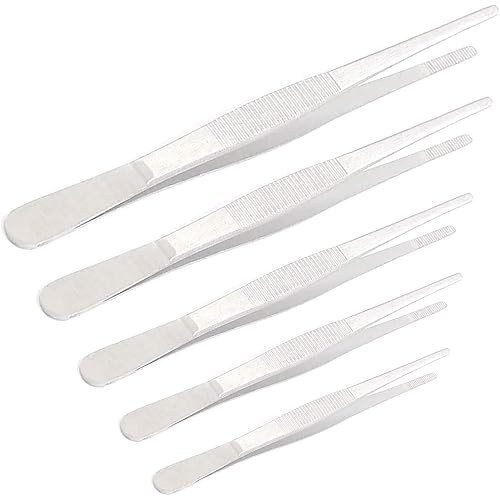 5 Pieces Stainless Steel Tweezer Set 12" 10" 8" 6.3" 4.9", Long tweezers with Precision Serrated Tips for Kitchen, Garden, Food by G.S Online Store