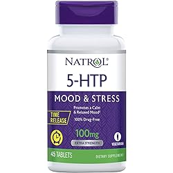 Natrol 5-HTP Time Release Tablets, Promotes a Calm Relaxed Mood, Helps Maintain a Positive Outlook, Enables Production of Serotonin, Drug-Free, Controlled Release, Maximum Strength, 100mg, 45 Count