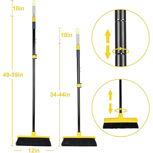 Push Broom Outdoor Indoor Broom 12" Wide,59" Long Handle with Stiff Bristles for Cleaning Scrubbing Deck Driveway Yard Patio Wood Stone Tile Floor