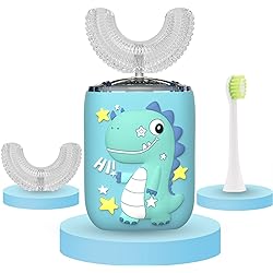Kids Toothbrush Electric, U Shaped Ultrasonic Toothbrush with 3 Brush Heads, Six Cleaning Modes, IPX7 Waterproof Design for Children Kids Toddler 2-7 Years Blue