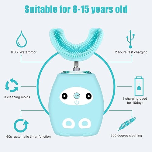 Ziliny Kids U Shaped Electric Toothbrush, Kids Automatic Timer Tooth Brush, Ultrasonic Automatic Toothbrushes with 3 Cleaning Modes, Waterproof Auto Toothbrush for Children Toddler Age 3-7, Blue