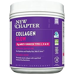 New Chapter Beauty Collagen Powder Glow, 12g Collagen Peptides Types I, II, III, Unflavored, 28 Servings, Multi Sourced, Sea Buckthorn, Hair, Skin, Nails, Hormone Free, Gluten Free