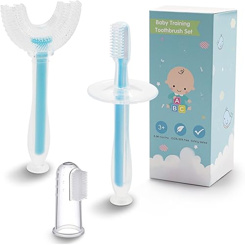3 in 1 Baby Training Toothbrush Set - Infant to Toddler Toothbrush Oral Care Silicone Toothbrush for Baby - Food Grade Silicone,Extra Soft Bristles,Perfect for 0-24 Months3-Pack,Blue