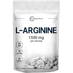 Micro Ingredients L Arginine Supplement, Arginine Caplet, 1500mg Per Serving, 200 Counts, Nitric Oxide Supplement for Muscle Growth, Vascularity and Energy, Non-GMO No Flavor, 200 CountPack of 1