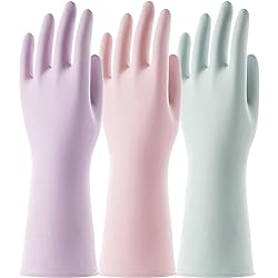COOLJOB 3 Pairs Reusable Rubber Gloves for Dishwashing Cleaning Bleaching, Grippy Latex Dish Washing Gloves with Flocked Cotton Liner, Water Resistant Household Gloves for Kitchen Bathroom, Small