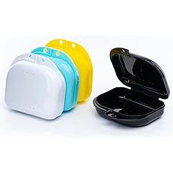 Retainer Case with Vent Holes, 4 Pcs Denture Case, Durable & Similar Mouth Guard Case for Black, White, Yellow and Blue - Tight Snap Lock, Easy to Use