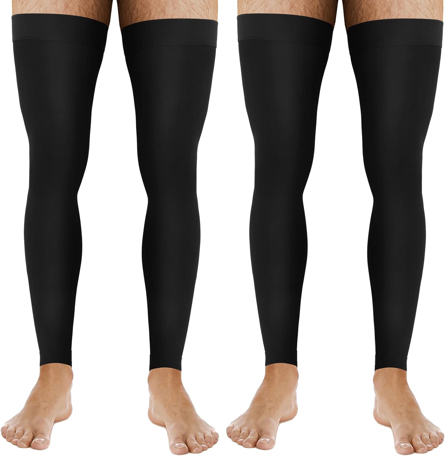2 Pairs Men's Thigh High Compression Stockings Footless 20-30 mmHg Compression Leg Sleeves Thigh High Graded Compression with Silicone Band for Men Sport Running Edema Swelling Black XL