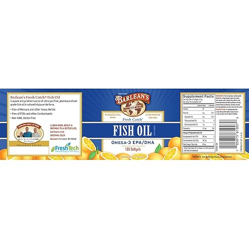 Barlean's Fresh Catch Fish Oil Supplement Softgels with EPA DHA Omega 3 - Orange Flavor - Ultra-Purified, Pharmaceutical Grade, Non-GMO, Gluten Free -100 Count