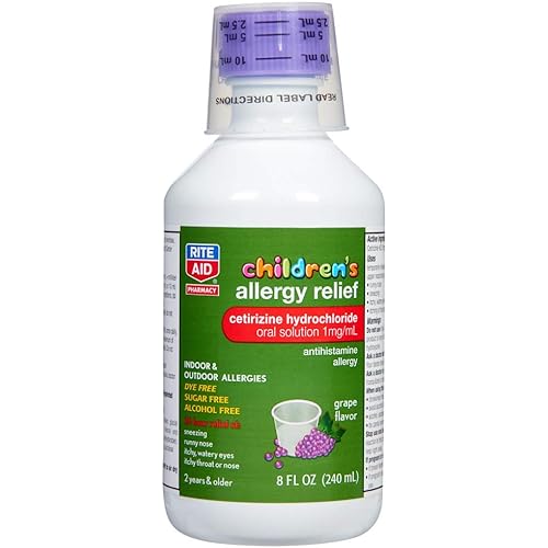 Rite Aid Children's Allergy Relief with Cetirizine 1mg, Grape Flavor - 8 fl oz | Childrens Allergy Medicine for Kids | Sugar-Free, Dye-Free, Alcohol-Free | Child Allergy Medicine | Runny Nose Relief