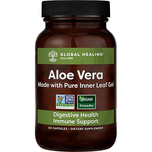 Global Healing Aloe Vera Bio-Active Organic Leaf Supplement - 200x Concentrate Formula with Highest Concentration of Acemannan - Aloin-Free - Gut Health & Immune Support - 60 Capsules