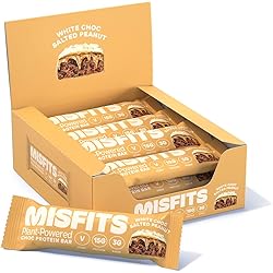 Misfits Vegan Protein Bar, Plant Based Chocolate Protein Bar, High Protein, Low Sugar, Low Carb, Gluten Free, Dairy Free, Non GMO, Pack Of 12 White Chocolate Salted Peanut