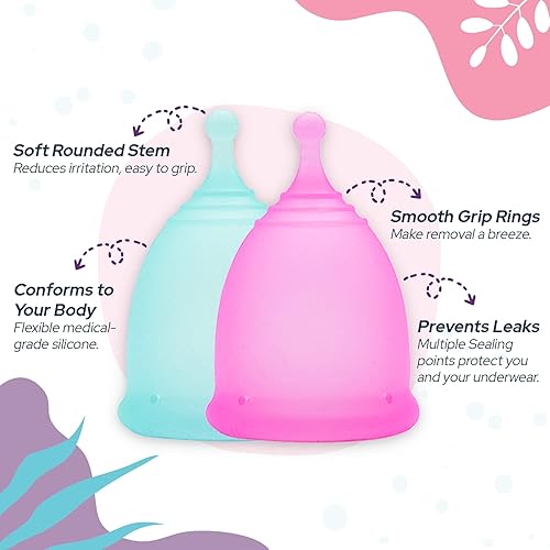 EcoBlossom Menstrual Cups - Set of 2 Reusable Period Cups - Premium Design with Soft, Flexible, Medical-Grade Silicone 1 Storage Bag 1 Small & 1 Large