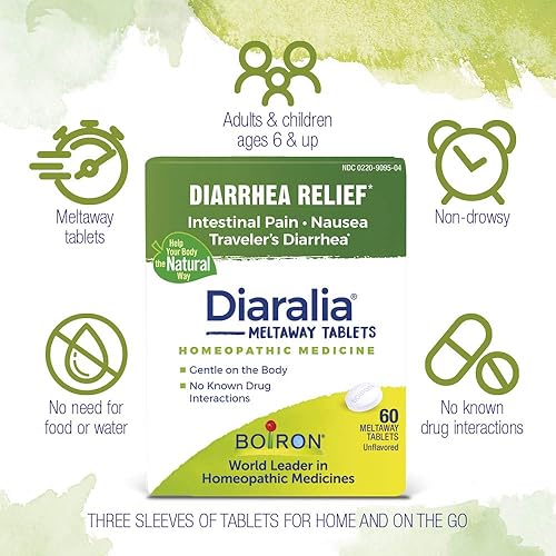 Boiron Diaralia Tablets for Diarrhea Relief, Gas, Bloating, Intestinal Pain, and Travler's Diarrhea - 120 Count 2 Pack of 60