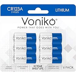 Voniko CR123A Lithium Batteries 6-Pack – Photo Lithium Battery –3 Volt 123 Battery Lithium 10 Years Shelf Life – UL&RoHS Certified for Security and Medical Equipment