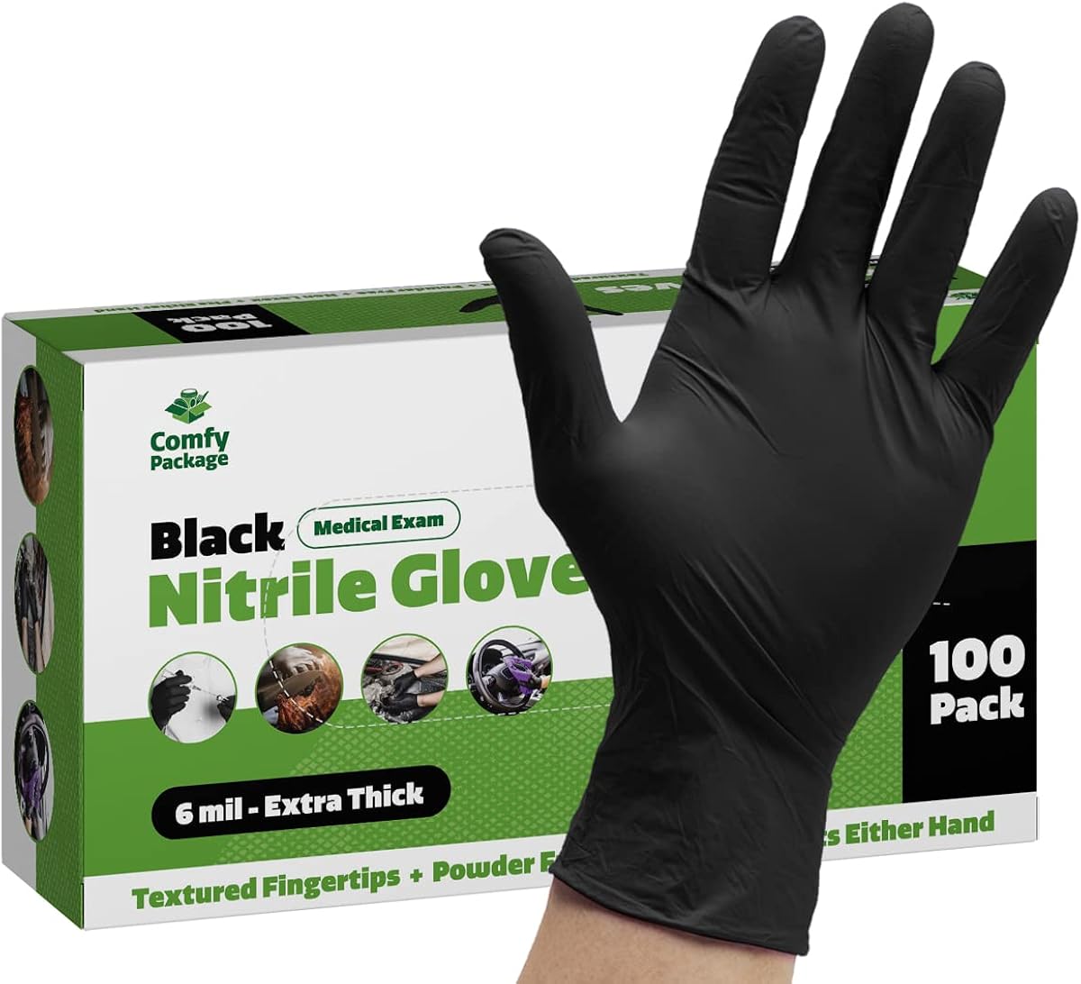 Disposable Black Nitrile Gloves 6 Mil. Extra Strength Latex & Powder Free, Textured Fingertips Gloves