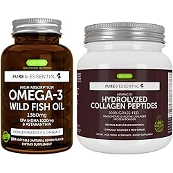 High Absorption Omega-3 Wild Fish Oil & Advanced Hydrolyzed Collagen Peptides Bundle, 1000mg EPA & DHA with Astaxanthin & 100% Grass Fed Bovine Collagen Protein Powder, by Igennus