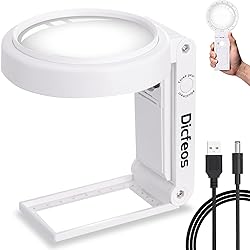 Dicfeos 30X 40X Magnifying Glass with Light and Stand, Folding Design 18 LED Illuminated Magnifying Glass for Close Work, Large Magnifying Glasses for Reading, Powered by Battery or USBWhite