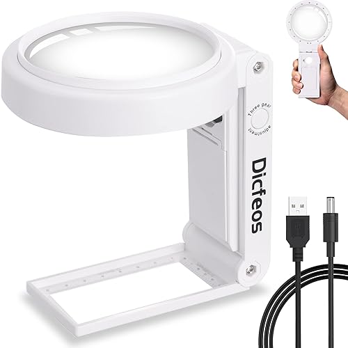 Dicfeos 30X 40X Magnifying Glass with Light and Stand, Folding Design 18 LED Illuminated Magnifying Glass for Close Work, Large Magnifying Glasses for Reading, Powered by Battery or USBWhite