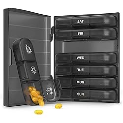 ABSOK Weekly Pill Box Organiser 3 Times A Day, Travel 7 Day Tablet Boxes with Large Compartments for Medicine, Easy to Read AMPM Compartments Monday to Sunday for Travel & Purse Black