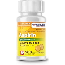 GenCare - Aspirin Pain Reliever NSAID 81 mg 500 Coated Tablets Adult Low Dose | Safe Pain Relief Enteric Coated Aspirin Pills | Muscle Pain & Menstrual Pain Relief | Generic Bayer
