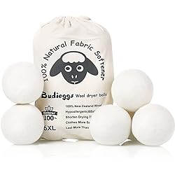 Budieggs Wool Dryer Balls Organic XL 6-Pack, 100% New Zealand Chemical Free Fabric Softener for 1000 Loads, Baby Safe & Hypoallergenic, Reduce Wrinkles & Shorten Drying Time Naturally