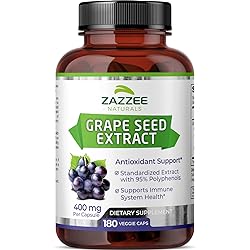 Zazzee Grape Seed Extract 20,000 mg Strength, 180 Vegan Capsules, 95% Polyphenols Proanthocyanidins, Potent 50:1 Extract, 400 mg per Capsule, 6 Month Supply, Non-GMO and All-Natural