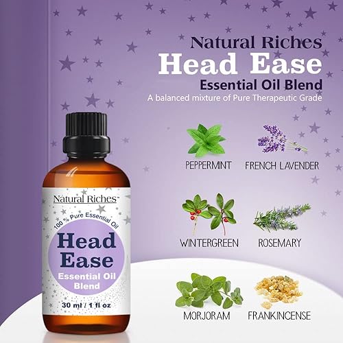 Natural Riches Essential Oil Blend for Head Ease Aromatherapy with Lavender, Peppermint, Rosemary, Wintergreen, Marjoram and Frankincense - 30ml