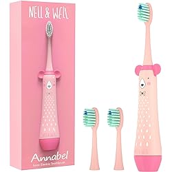 NELL&WELL Kids Sonic Electric Toothbrush with 2 Replace Brush Heads, Cartoon Battery Powered Toothbrush for Children, Waterproof Toddler Electric Toothbrushes, Soft Bristle, BPA Free for Age 3 Pink