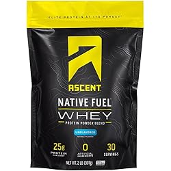 Ascent Native Fuel Whey Protein Powder - Post Workout Whey Protein Isolate, Zero Artificial Ingredients, Soy & Gluten Free, 5.7g BCAA, 2.7g Leucine, Essential Amino Acids, Unflavored 2 lb