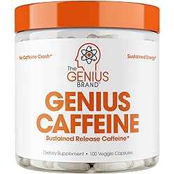 Genius Caffeine, Extended Release Microencapsulated Caffeine Pills, All Natural Non-Crash Sustained Energy & Focus Supplement, Preworkout & Nootropic Brain Booster For Men & Women,100 Count
