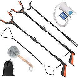 8 in 1 Hip Knee Kit with 2 Pack 32 inch Reacher Grabber Pickup Tool, Foldable Trash Grabber Pickers, Sock Aid, Sturdy Shoehorn with Dressing Stick Kit, 48" Leg Lifter, Bath Sponge, Storage Bag