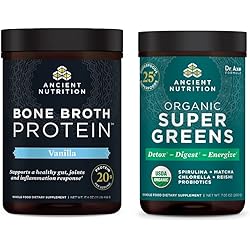 Bone Broth Protein Powder, Vanilla, 20 Servings Organic Supergreens Powder, Greens Flavor, 25 Servings by Ancient Nutrition