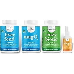nbpure Liver Fend Liver Detox & Milk Thistle 90 ct, Mag O7 Oxygen Digestive System Cleanser Capsules 90 ct, EnzyBiotic Probiotic Digestive Enzyme 60 ct & Vitamin D Liquid Vitami D3 Spray Bundle