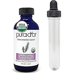 PURA D'OR Organic Rosemary Essential Oil 4oz with Glass Dropper 100% Pure & Natural Therapeutic Grade for Hair, Body, Skin, Aromatherapy Diffuser, Relaxation, Massage, Mood, Relief, Home, DIY Soap