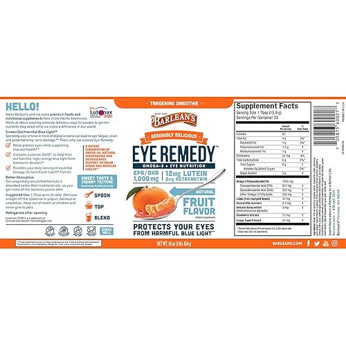 Barlean's Eye Remedy with Lutein, Zeaxanthin, and Tangerine Smoothie Flavor - Gluten-Free, Non-GMO, No Added Sugar - 16-Ounce