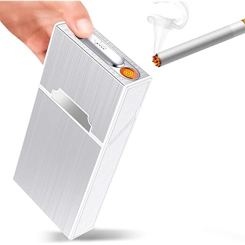 DXIN Cigarette Case Module with Electric Lighter USB Rechargeable for Whole Package 100mm Cigarettes 20pcs King Size,Flameless, Windproof,Moisture-Proof,Silver