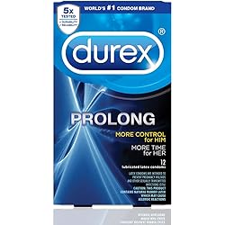 Durex Condom Prolong Natural Latex Condoms, 12 Count - Ultra Fine, ribbed and dotted with delay lubricant