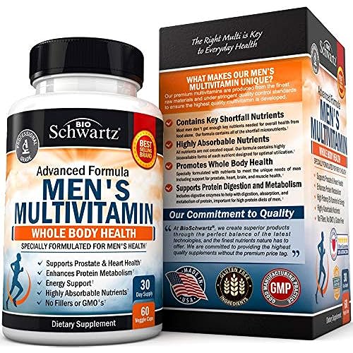 Men's Multivitamin with Vitamin C A B D3 E Zinc for Immune Support - Once Daily Supplement for Energy & Heart - Antioxidants & Digestive Enzymes for Absorption - Mental Clarity & Focus Support -30 Ct