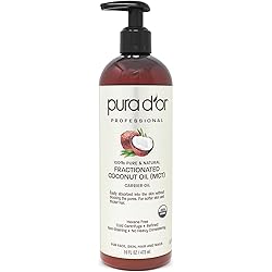 PURA D'OR Organic Fractionated Coconut Oil 16oz USDA Certified 100% Pure & Natural Carrier Oil - Moisturizing For Face, Skin & Hair, Men & Women Packaging may vary