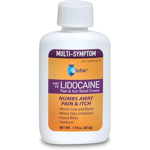 Globe Lidocaine 4% Multi-Symptom Relief Cream 1.75 oz, Numbs Away Pain & Itch, Steroid Free Non-Greasy Formula Compare to Gold Bond wLidocaine
