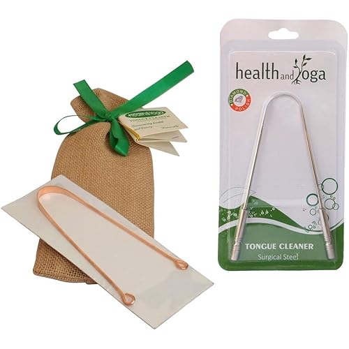 HealthAndYogaTM Tongue Cleaner Scraper - Surgical Grade Stainless Steel with Organic Storage Bag and Copper Tongue Cleaner - Exquisitely Gift Wrapped