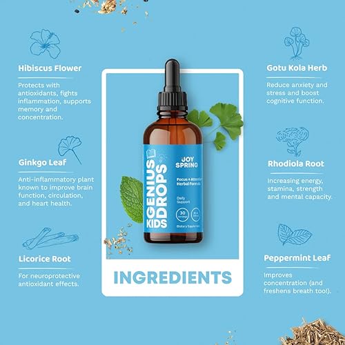 Genius Drops for Kids - Natural Kids Focus Supplements to Support Healthy Brain Function - Best Natural Focus Supplement for Kids - Liquid Focus Vitamins for Kids to Aid Concentration and Attention