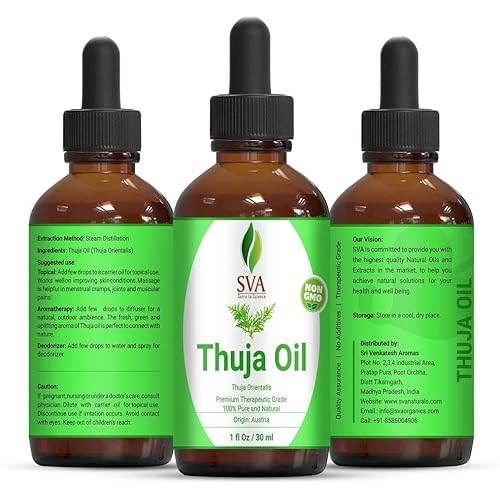 SVA Organics Thuja Essential Oil 1 Oz 100% Pure Natural Undiluted Premium Therapeutic Grade Oil for Aromatherapy, Diffuser, Hair Care, Skin Care, Glowing Skin