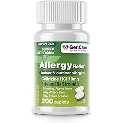 GenCare - Cetirizine HCL 10 mg 200 Count | 24 Hour Allergy Relief Pills | Best Value Generic OTC Allergy Medication | Antihistamine for Sneezing, Runny Nose & Itchy Eyes | Generic Zyrtec