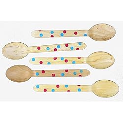 Perfect Stix 5.5" Disposable Wooden Spoons with Multi Color Polka Dot Print- Pack of 48ct